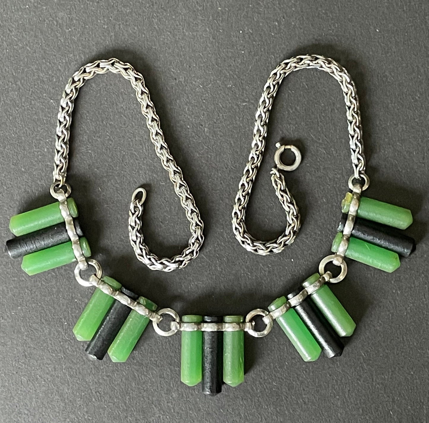 Vintage Jakob Bengel Art Deco machine age chrome with green and black galalith cylinders geometric necklace with snake chain, 1930s