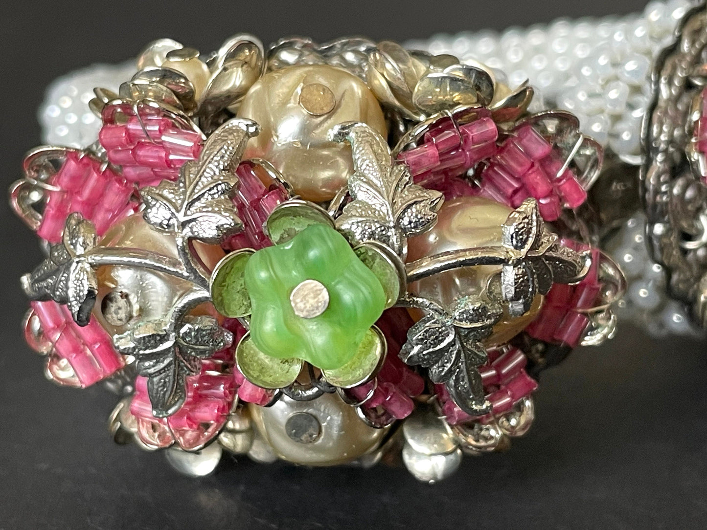 Vintage elaborate glass beaded floral clamper bangle with intricate micro beading and silver tone filigree, pink, green, white & faux pearl