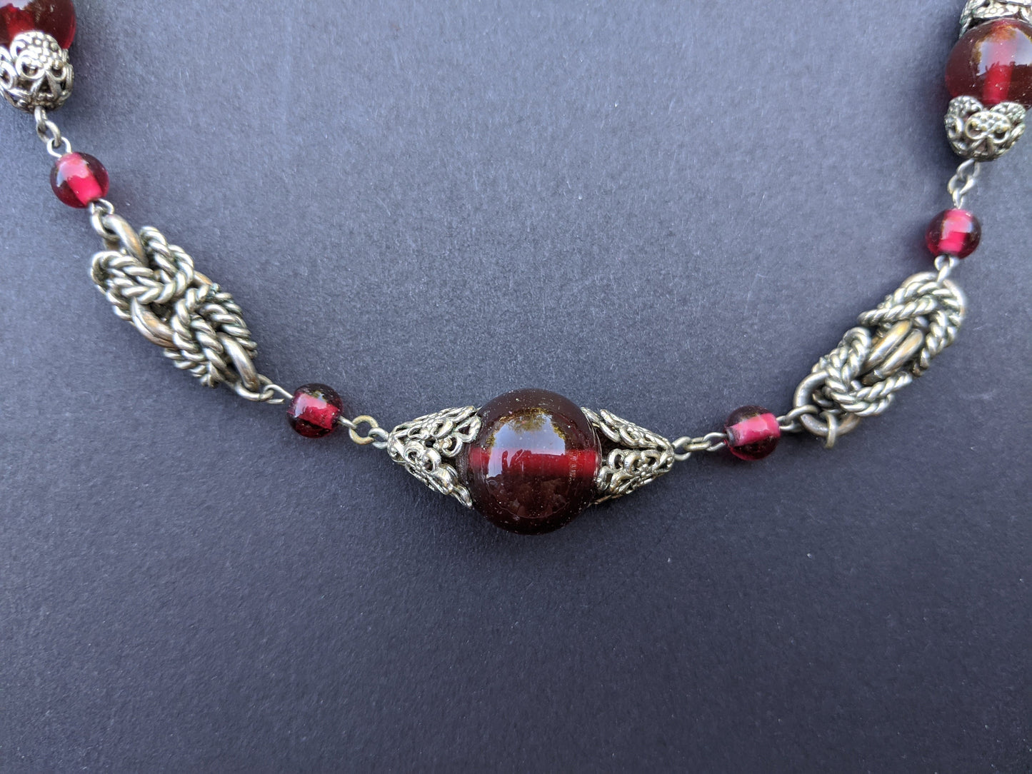 Vintage Art Deco red glass and chrome machine age necklace - Jakob Bengel attributed