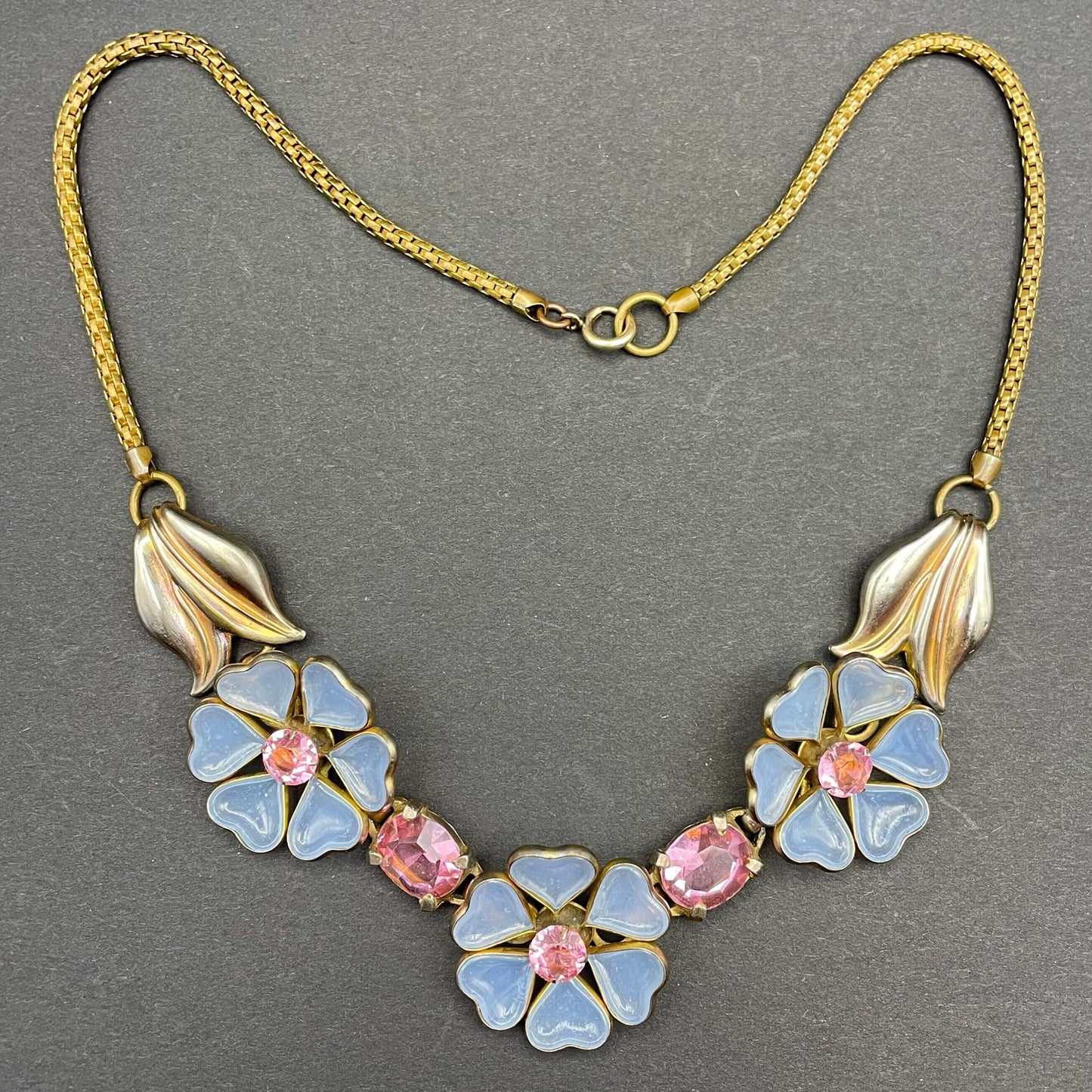 Rare vintage possibly Crown Trifari Alfred Philippe pale blue poured glass & pink rhinestone gold tone floral choker necklace, unsigned