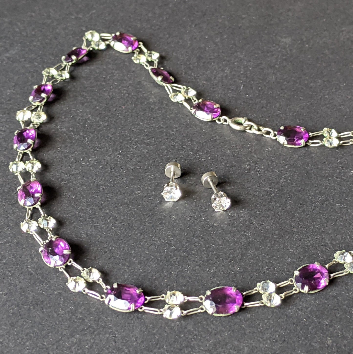 Vintage Art Deco amethyst purple & clear crystal intricate riviere necklace bezel set, open backed, maybe unmarked silver, free earrings