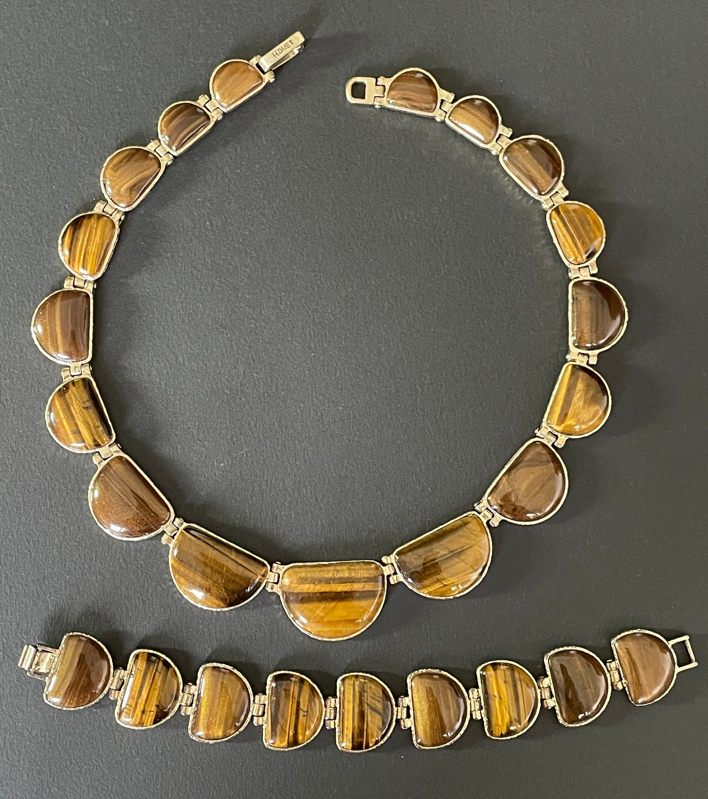 Vintage signed Monet necklace and bracelet set beautiful tigers eye gemstone half moon cabochon Art Deco design