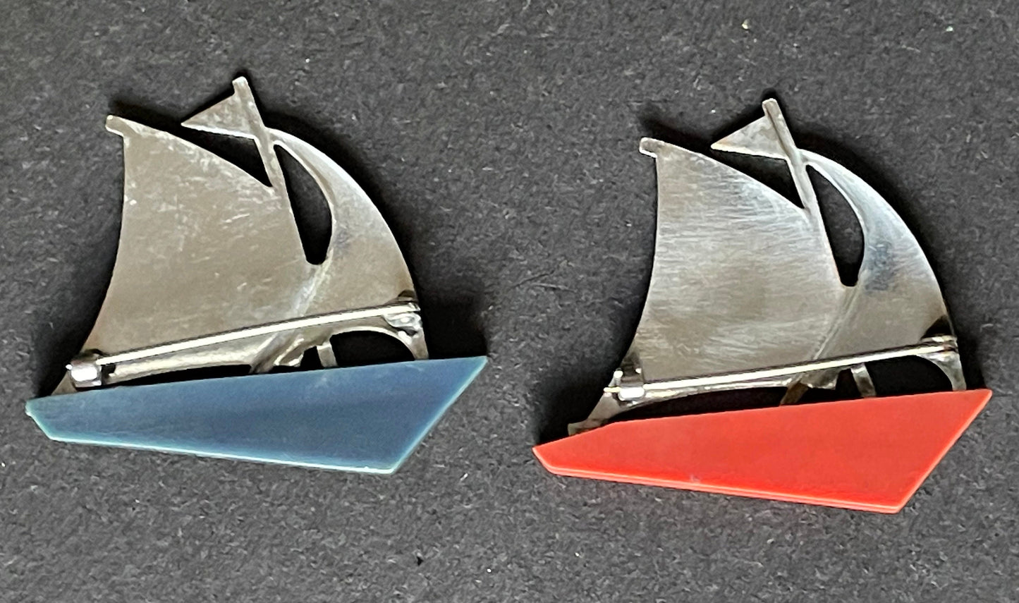 Choice of two vintage Jakob Bengel yacht / boat brooch - Art Deco machine age, beautiful blue or orange galalith and chrome pin