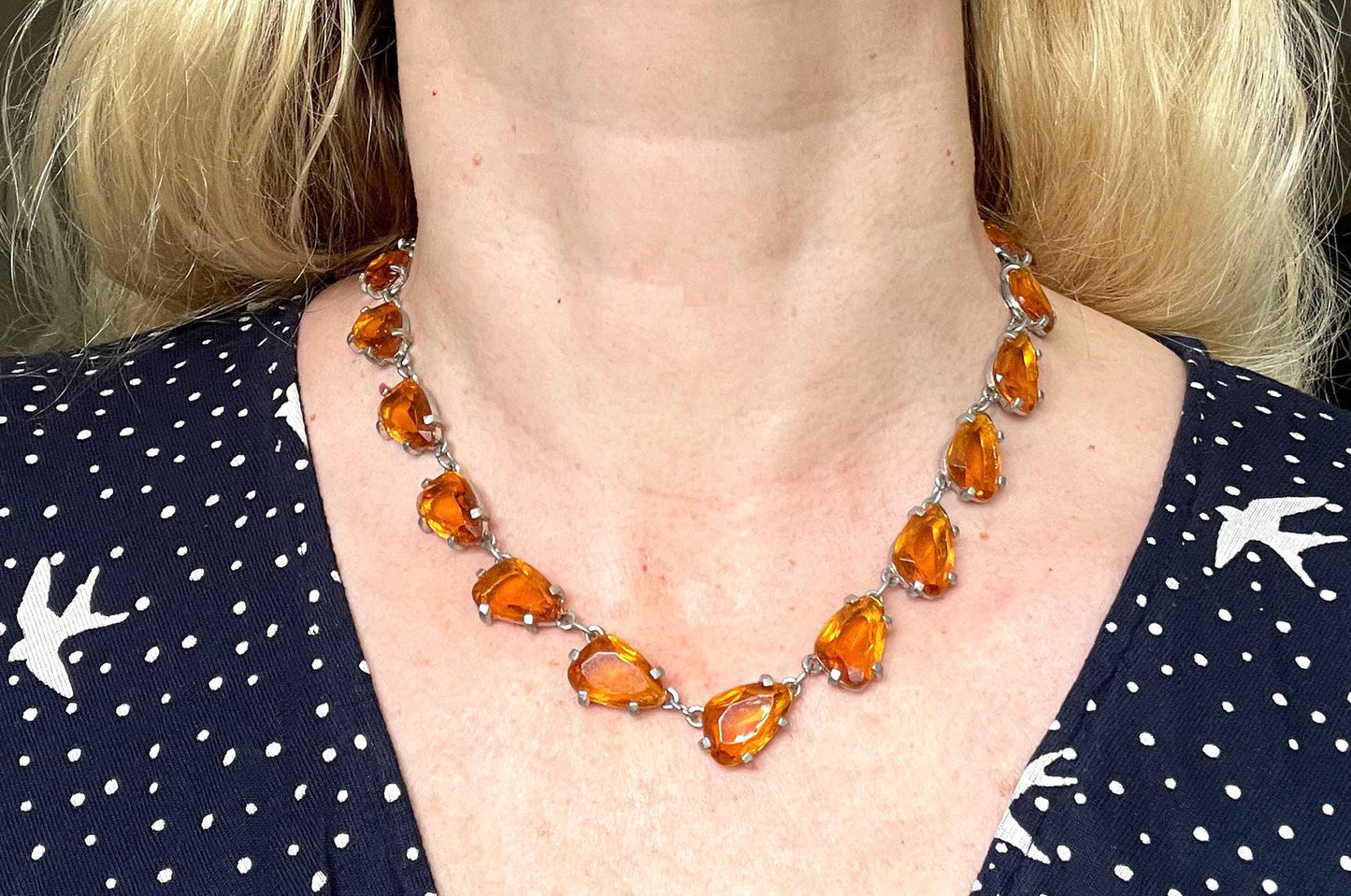 Vintage signed Sphinx citrine yellow / topaz orange glass riviere necklace, triangle shaped crystals set open-backed in silver tone settings