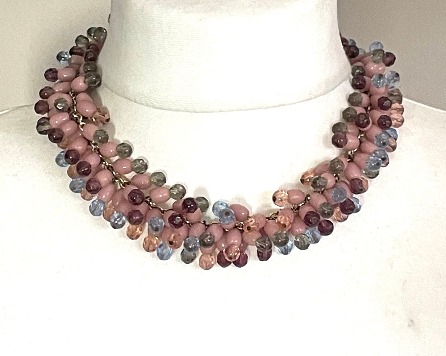 Heavy vintage baby pink, dark pink, grey and blue glass bead and Austrian faceted crystal bead fringe necklace with gold tone chain