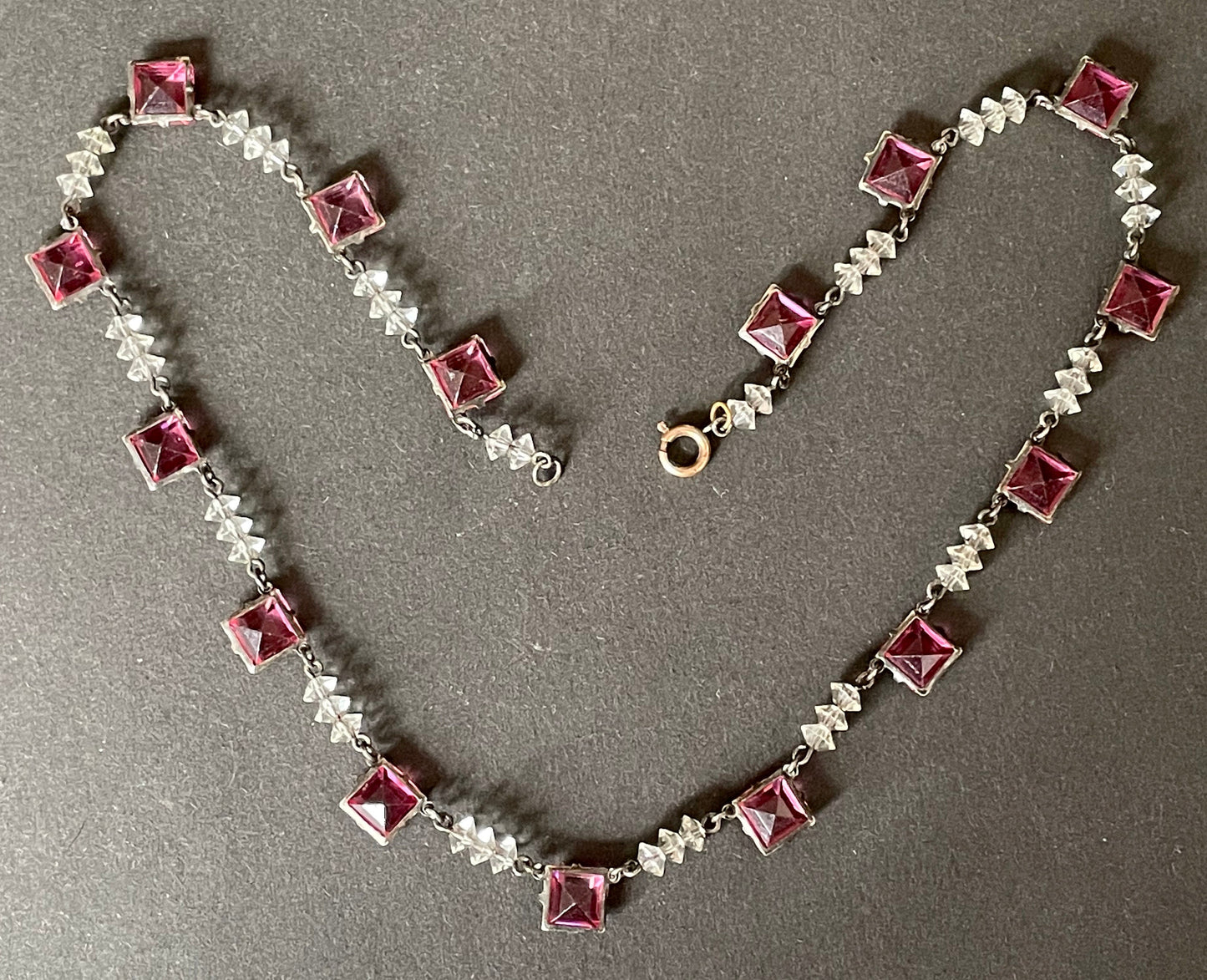 Vintage Art Deco bezel set pink princess cut (square) rhinestone and clear faceted crystal bead riviere necklace, open-backed rhinestones