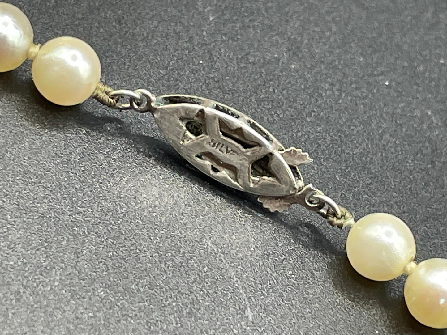 Antique real cultured pearl choker necklace, large equal sized pearls, hand-knotted, pretty sterling silver clasp, classic chic