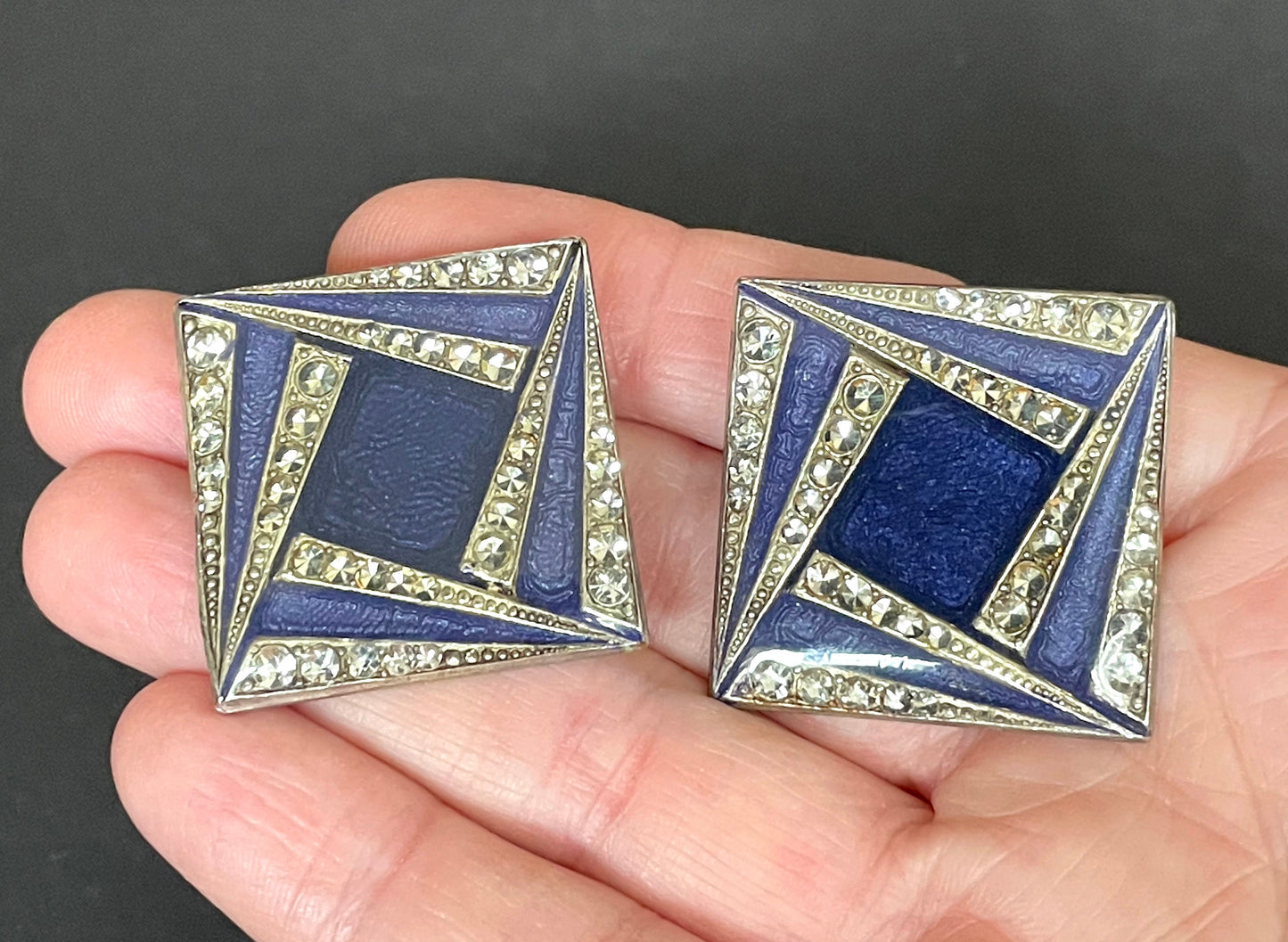 Huge vintage Pierre Bex Art Deco bright blue enamel and rhinestone clip on earrings, fabulous geometric design, large square shape