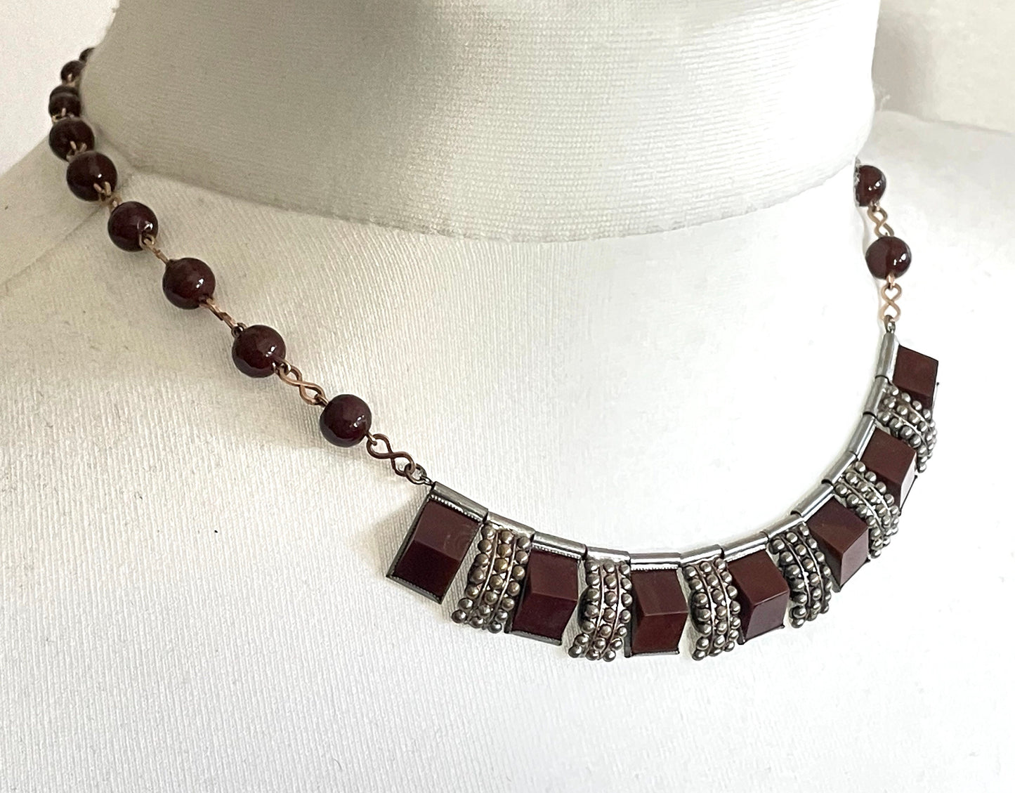 Vintage Art Deco machine age silver tone and rolled gold, brown / burgundy glass necklace