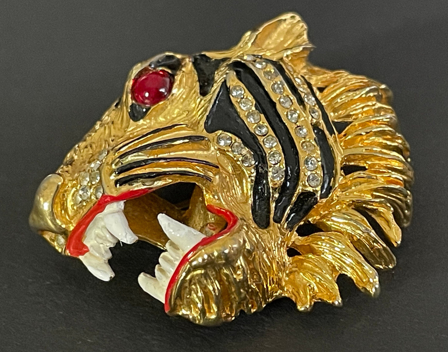 Huge vintage fierce tiger head brooch - red glass cabochon, rhinestone and enamel - in the style of Hattie Carnegie, Gucci, Butler & Wilson