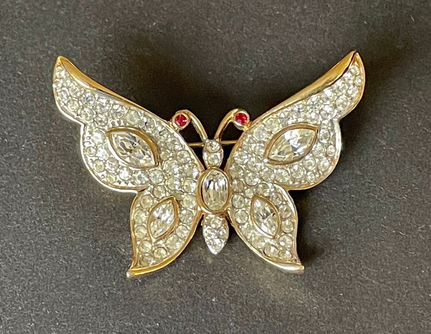 Vintage Attwood and Sawyer A&S signed ornate butterfly brooch, rhinestone encrusted and gold plated 1980s