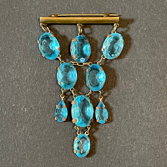 Vintage Art Deco aqua blue paste festoon dangle brooch with bezel set, open backed aquamarine coloured crystals set in antique gold tone