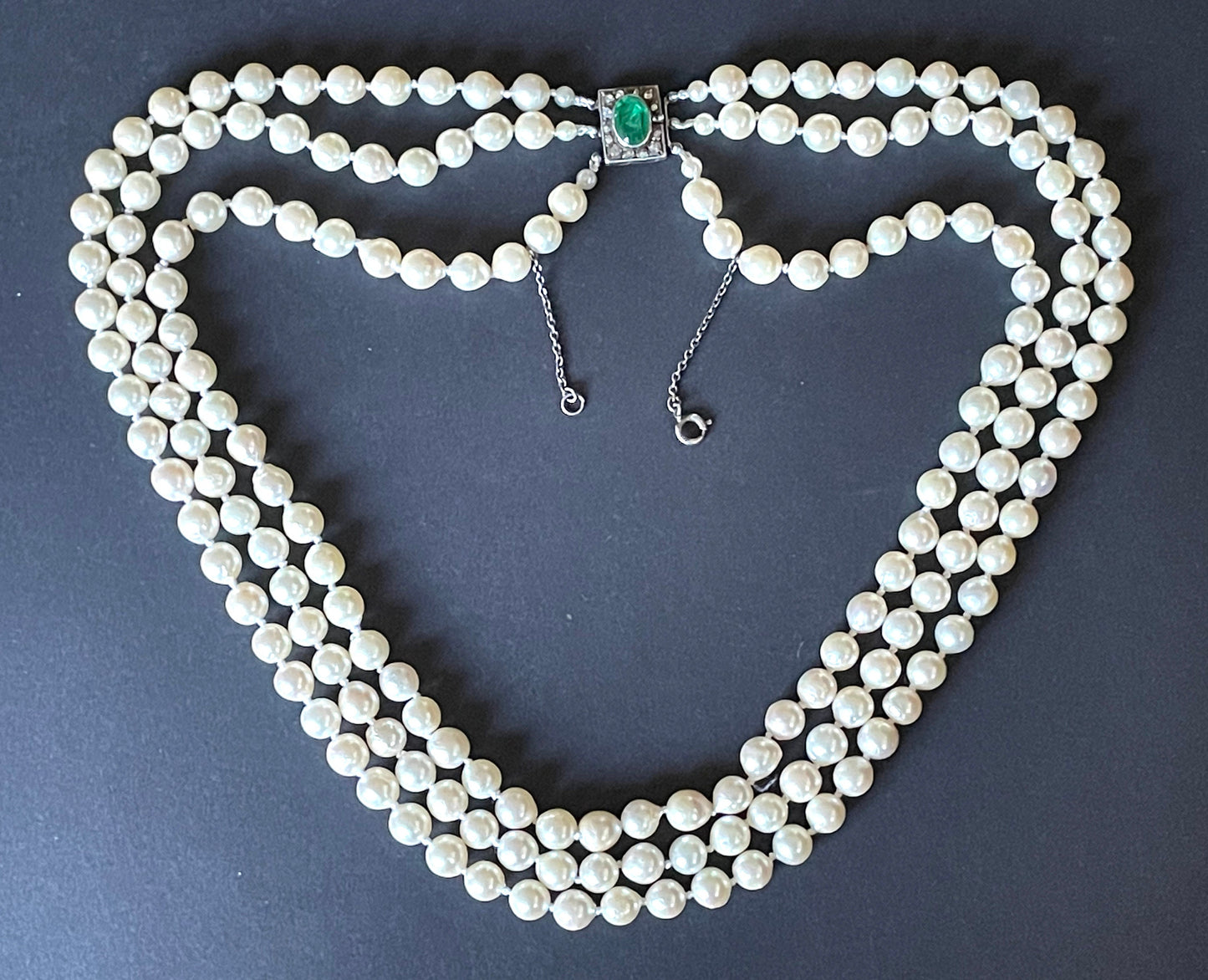 Antique / vintage real cultured pearl triple strand necklace, hand-knotted, in box, pretty silver with emerald green & clear paste box clasp