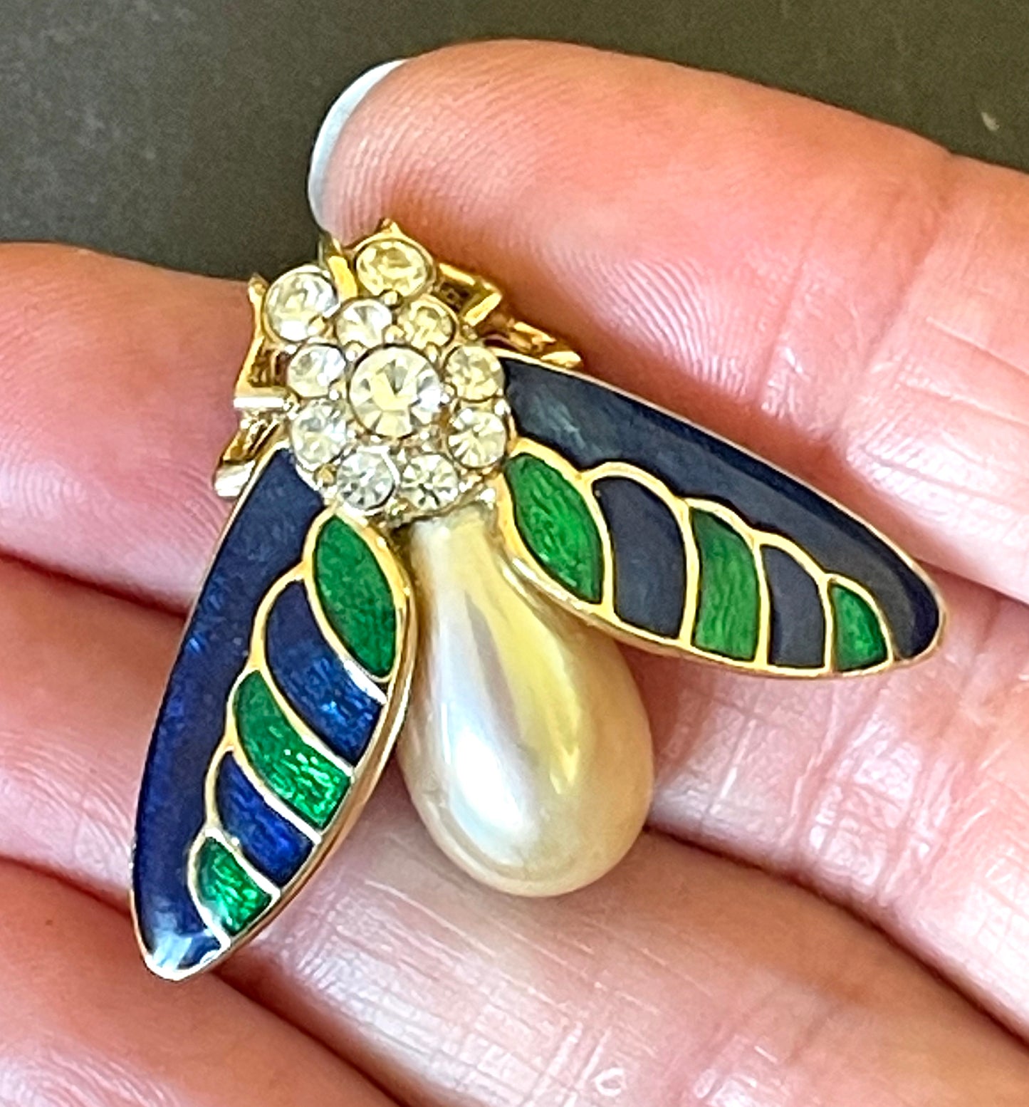 Vintage signed Attwood and Sawyer ( A&S ) gold plated with clear rhinestones, green and blue enamel and glass pearl, fly bee insect brooch