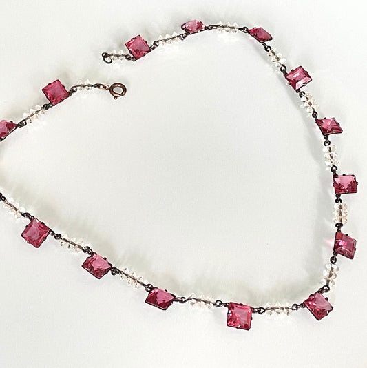 Vintage Art Deco bezel set pink princess cut (square) rhinestone and clear faceted crystal bead riviere necklace, open-backed rhinestones