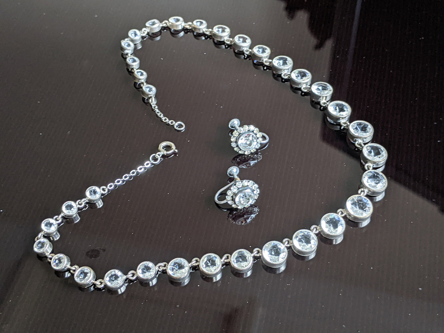 Vintage Art Deco clear paste silver tone riviere necklace with crystal screw back earrings, collet set open backed, classic demi-parure