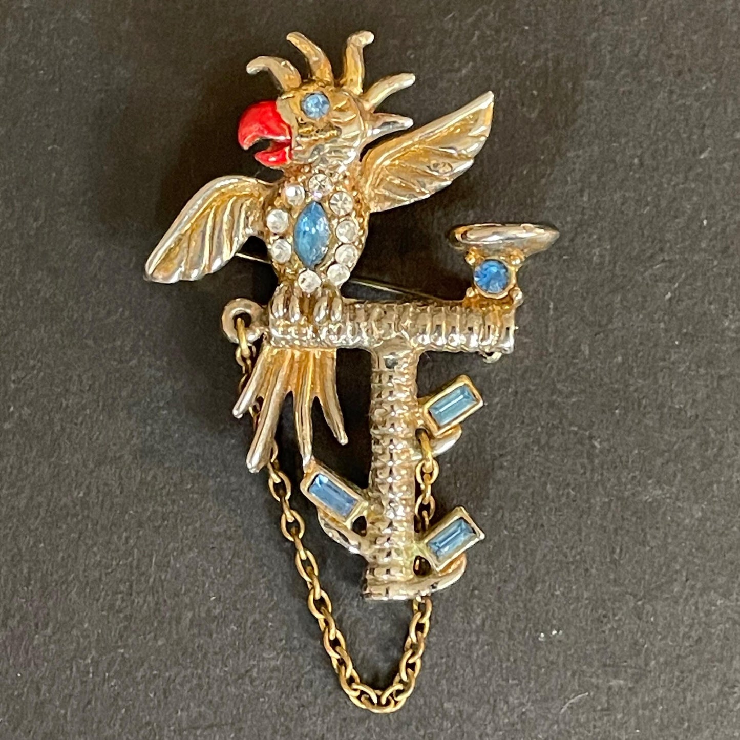 Vintage parrot / cockatoo pet bird figural brooch, gold tone with red enamel and colourful rhinestones, pot metal, Bauman Massa style?