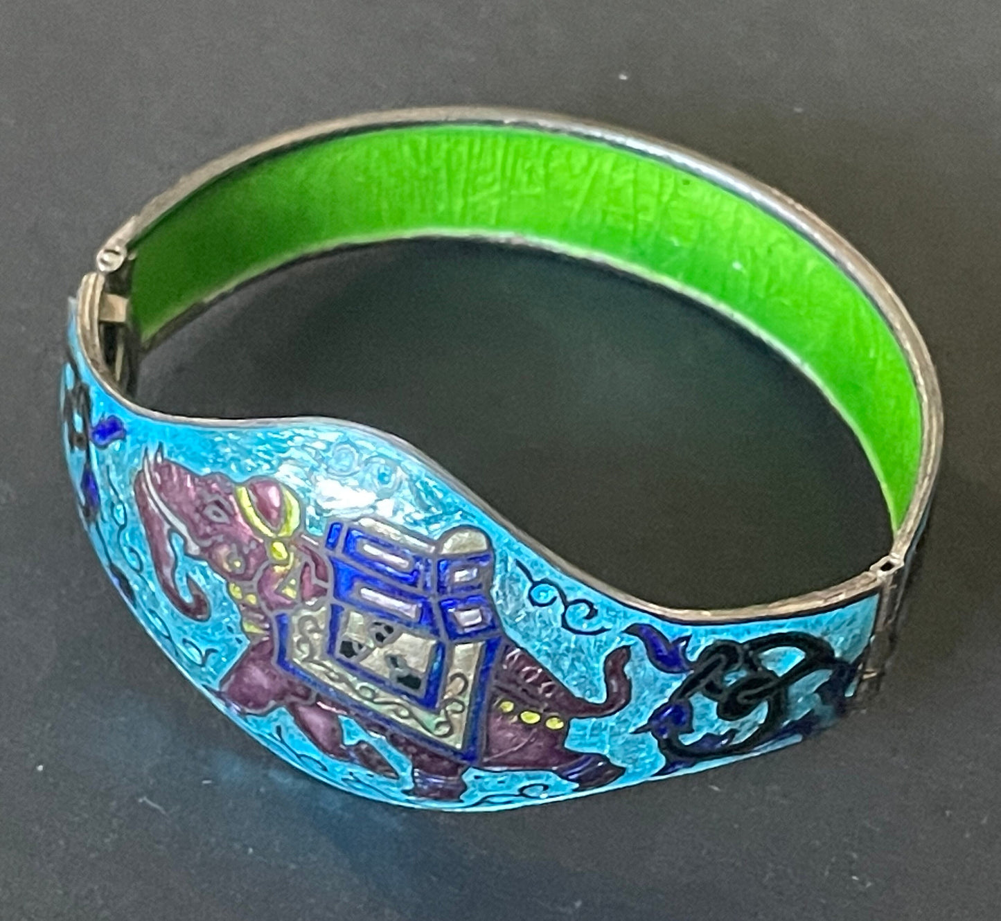 Vintage beautiful Rajasthani silver and brightly coloured enamel elephant design Indian hinged bangle, vibrant blue, green and deep red