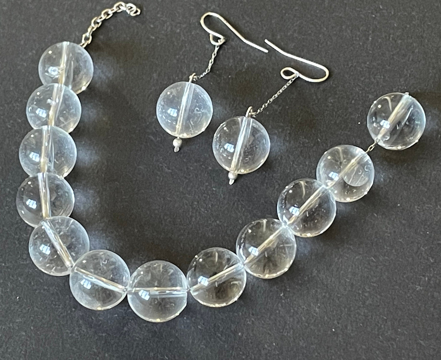 Large vintage or antique rock crystal (quartz) 'pools of light' style drilled bead chain strung bracelet & matching drop earrings (pierced)