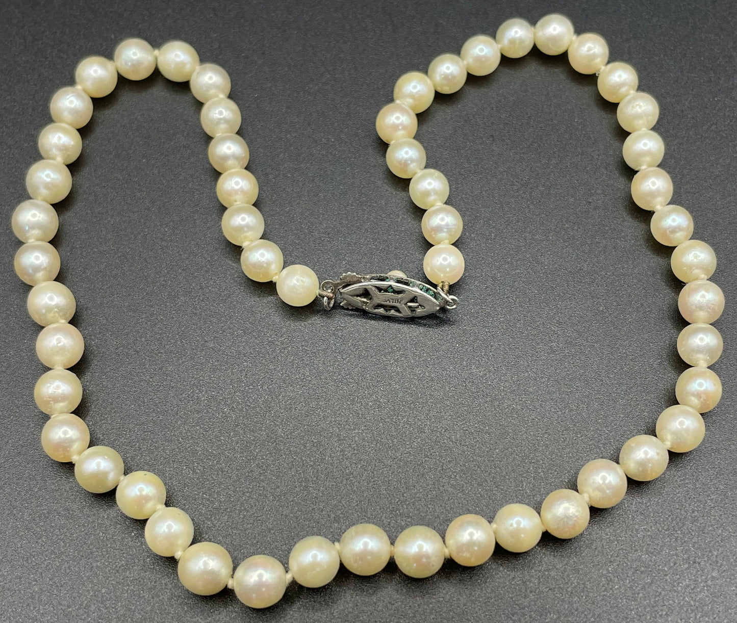 Antique real cultured pearl choker necklace, large equal sized pearls, hand-knotted, pretty sterling silver clasp, classic chic