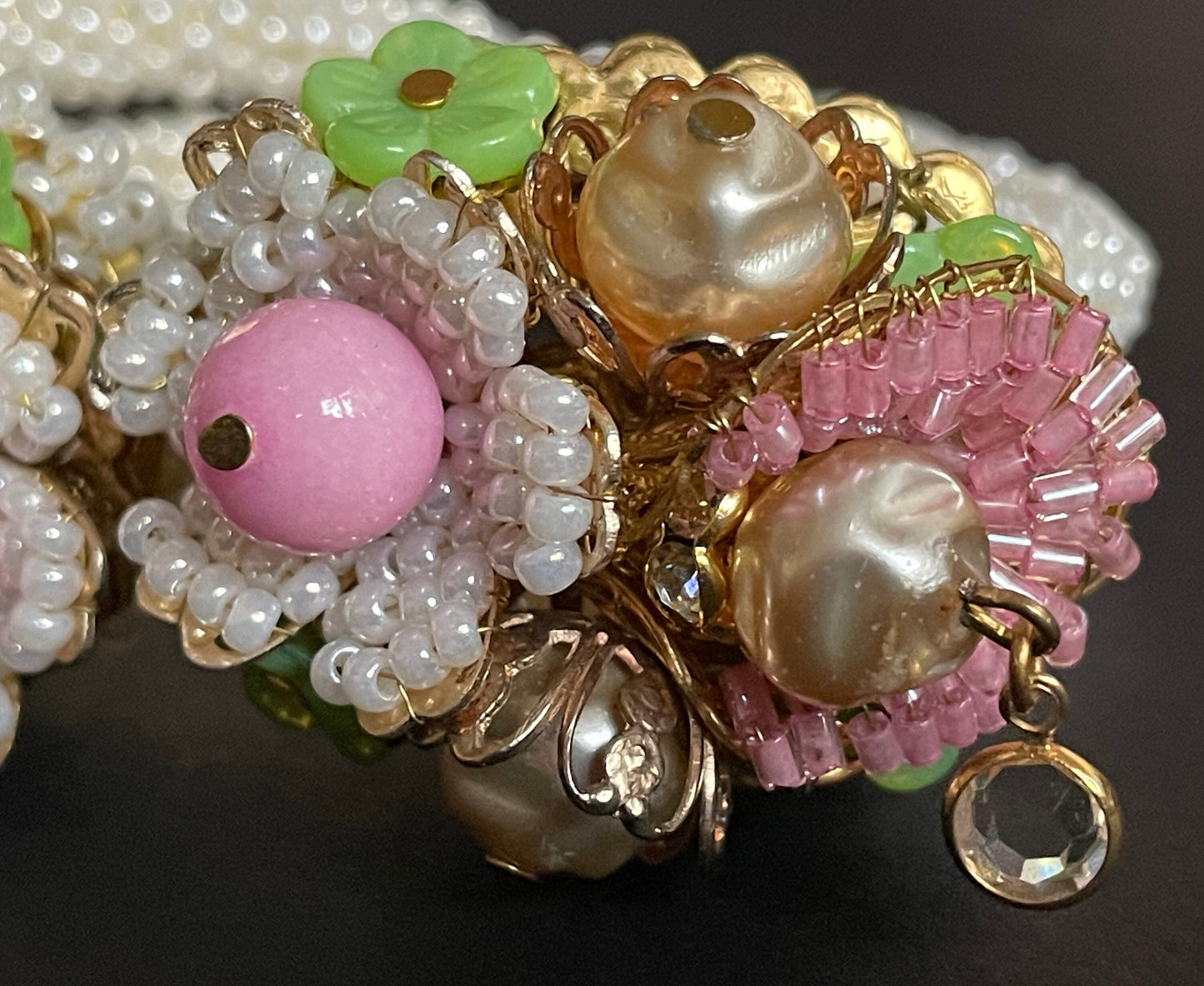 Vintage elaborate glass beaded floral clamper bangle with intricate micro beading and silver tone filigree, pink, green, white & faux pearl