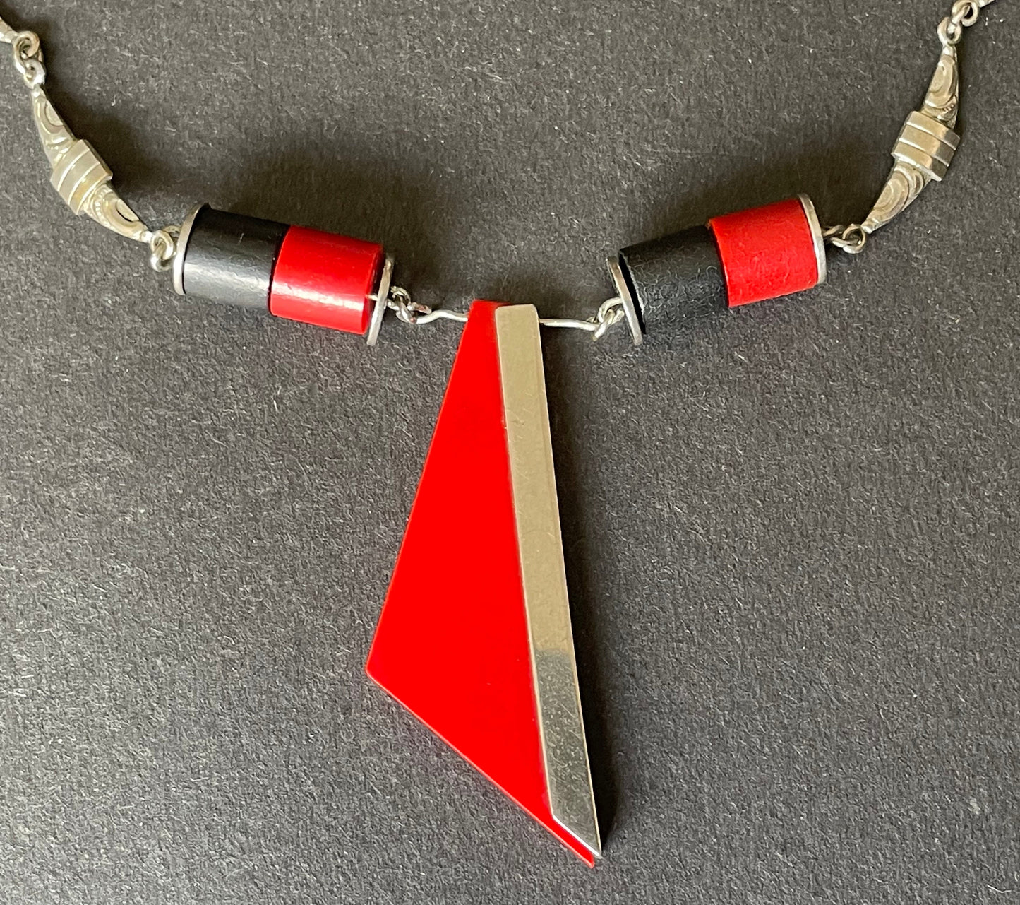 Vintage Jakob Bengel Art Deco machine age chrome, monochrome red and black galalith geometric necklace 1930s