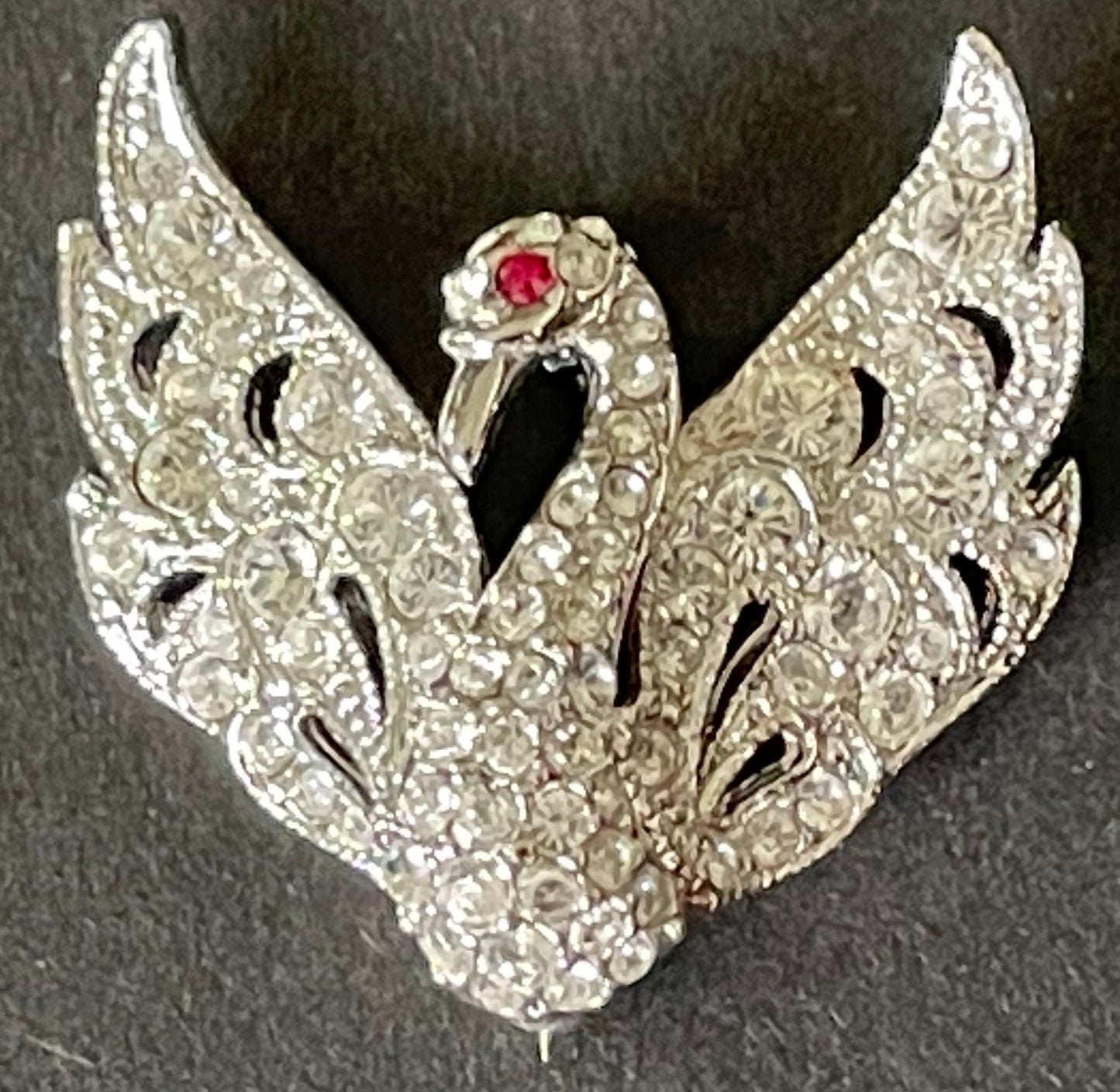 Vintage Attwood and Sawyer (A&S) signed swan brooch - shiny silver tone, clear and red rhinestones