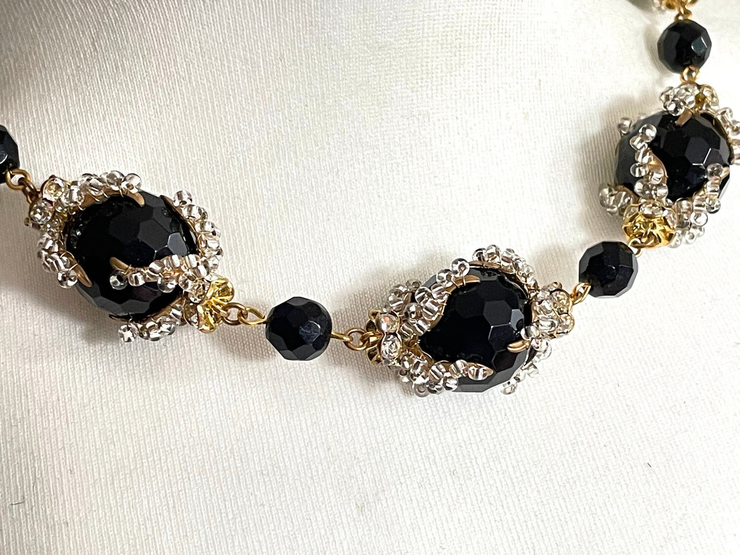 Vintage unsigned Stanley Hagler or Miriam Haskell heavy black French jet and micro bead chunky necklace, intricately beaded bead caps