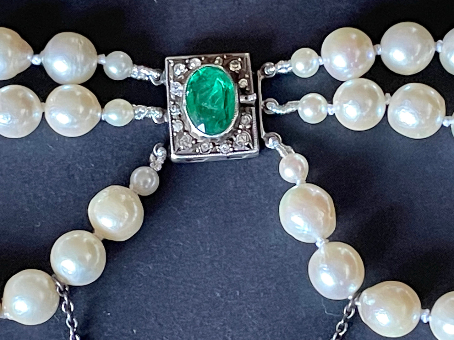 Antique / vintage real cultured pearl triple strand necklace, hand-knotted, in box, pretty silver with emerald green & clear paste box clasp