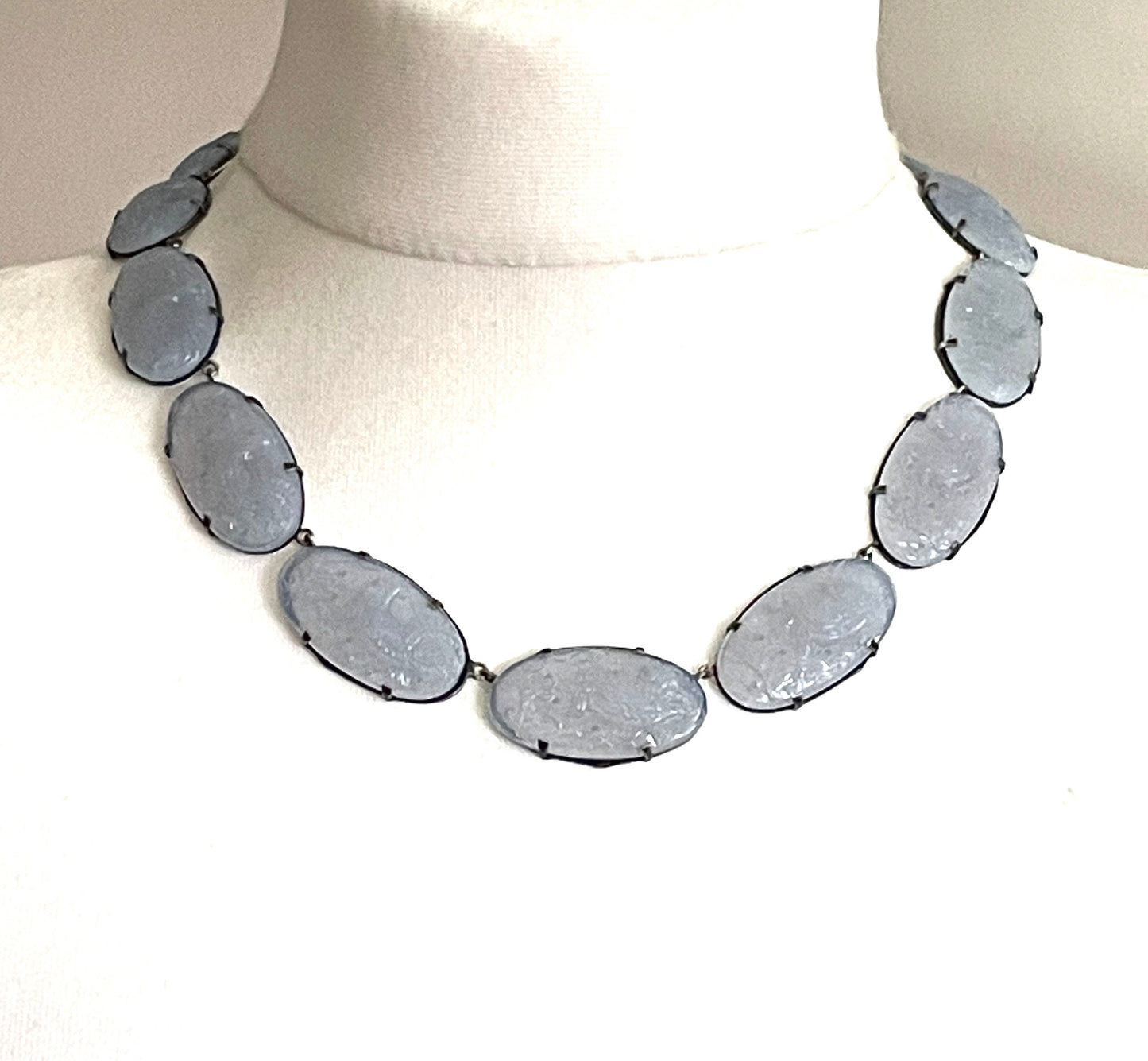 Vintage sterling silver and light blue moulded glass large oval stone riviere necklace bezel set, open backed, cockerel motif