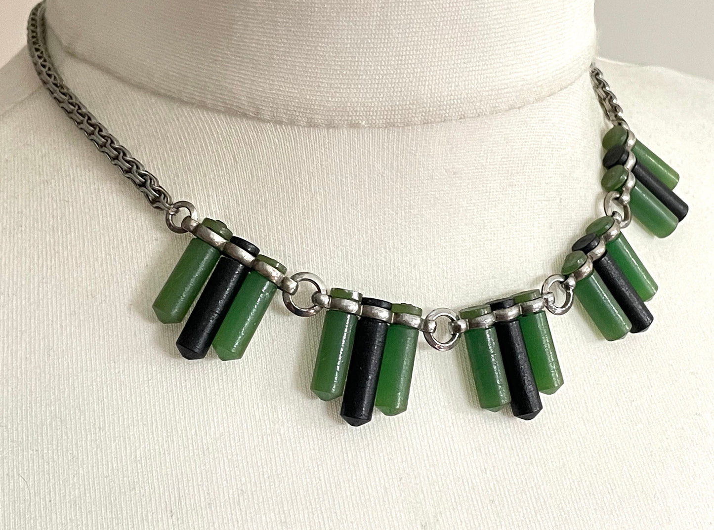 Vintage Jakob Bengel Art Deco machine age chrome with green and black galalith cylinders geometric necklace with snake chain, 1930s