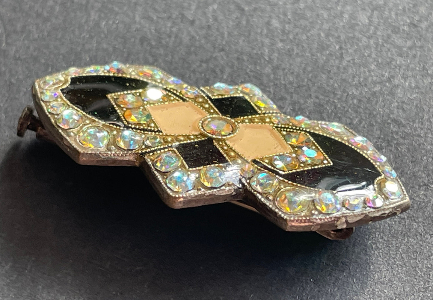 Vintage Pierre Bex Art Deco style rhinestone and enamel brooch, yellow /gold, black geometric design with AB rhinestones in thick enamel