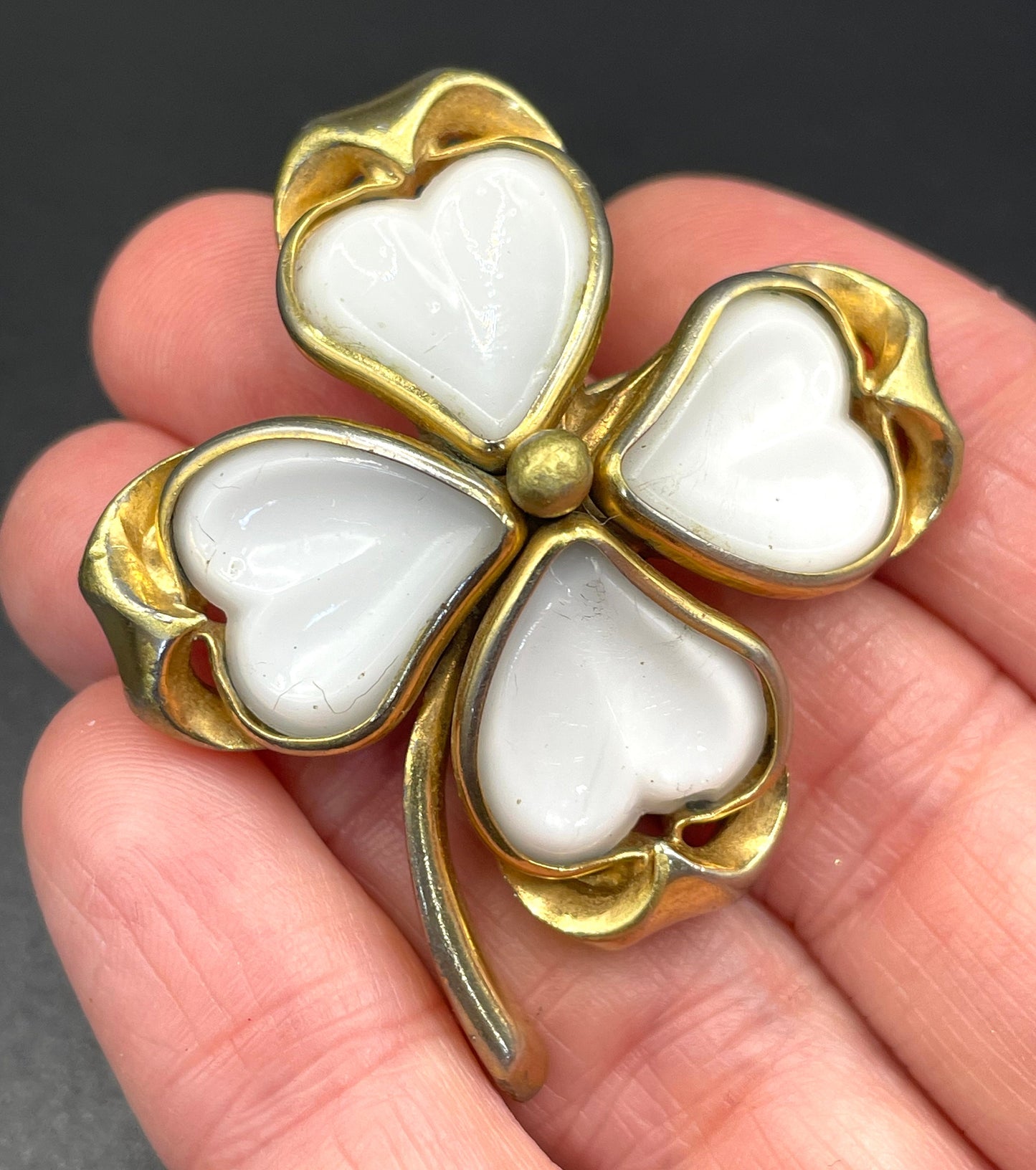 Vintage milk white poured glass and gold tone four leaf clover or shamrock petite brooch, as found, possibly unsigned Trifari