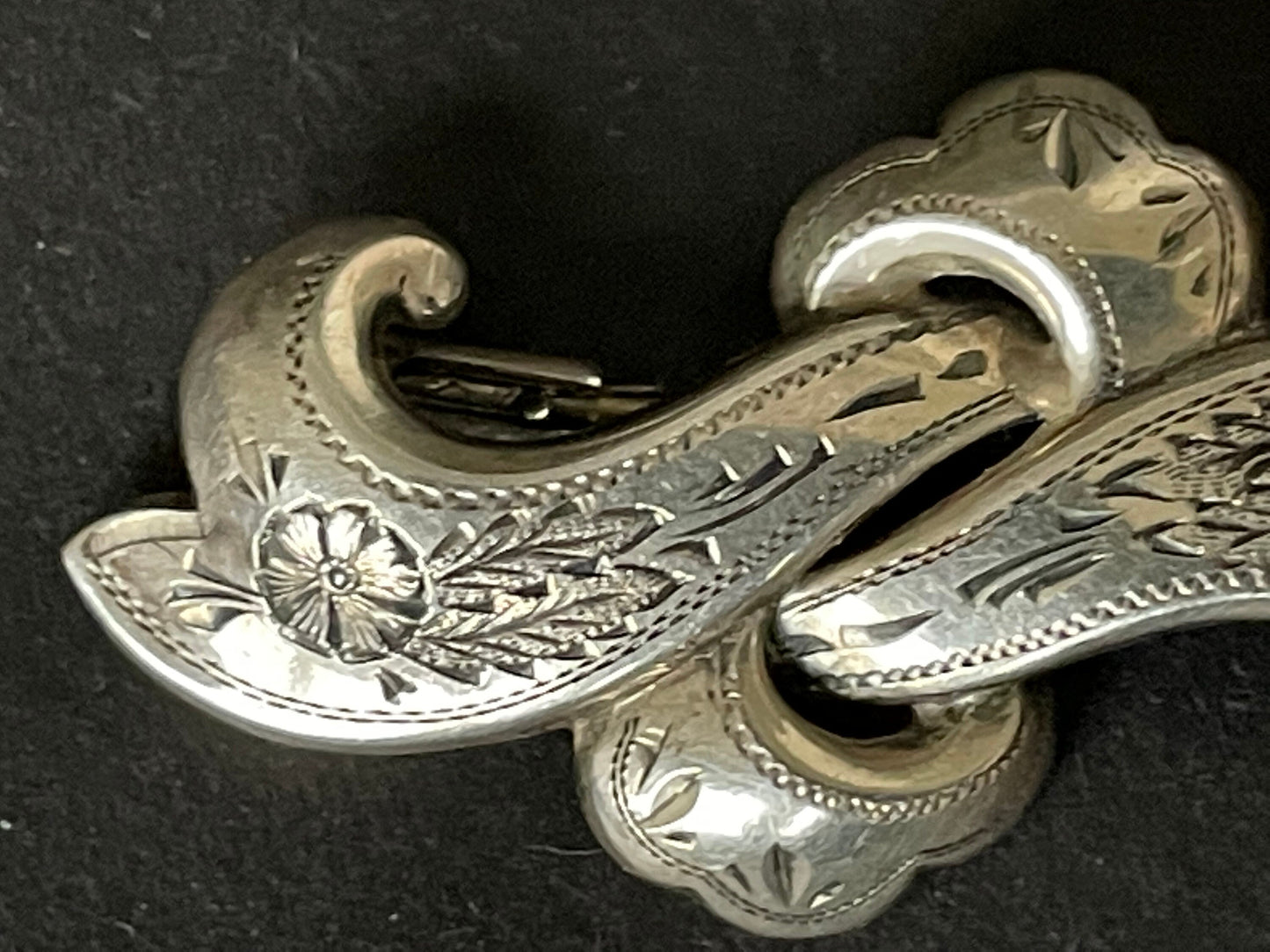 Antique Victorian vintage sterling silver brooch, beautiful shape, pretty flower engraving