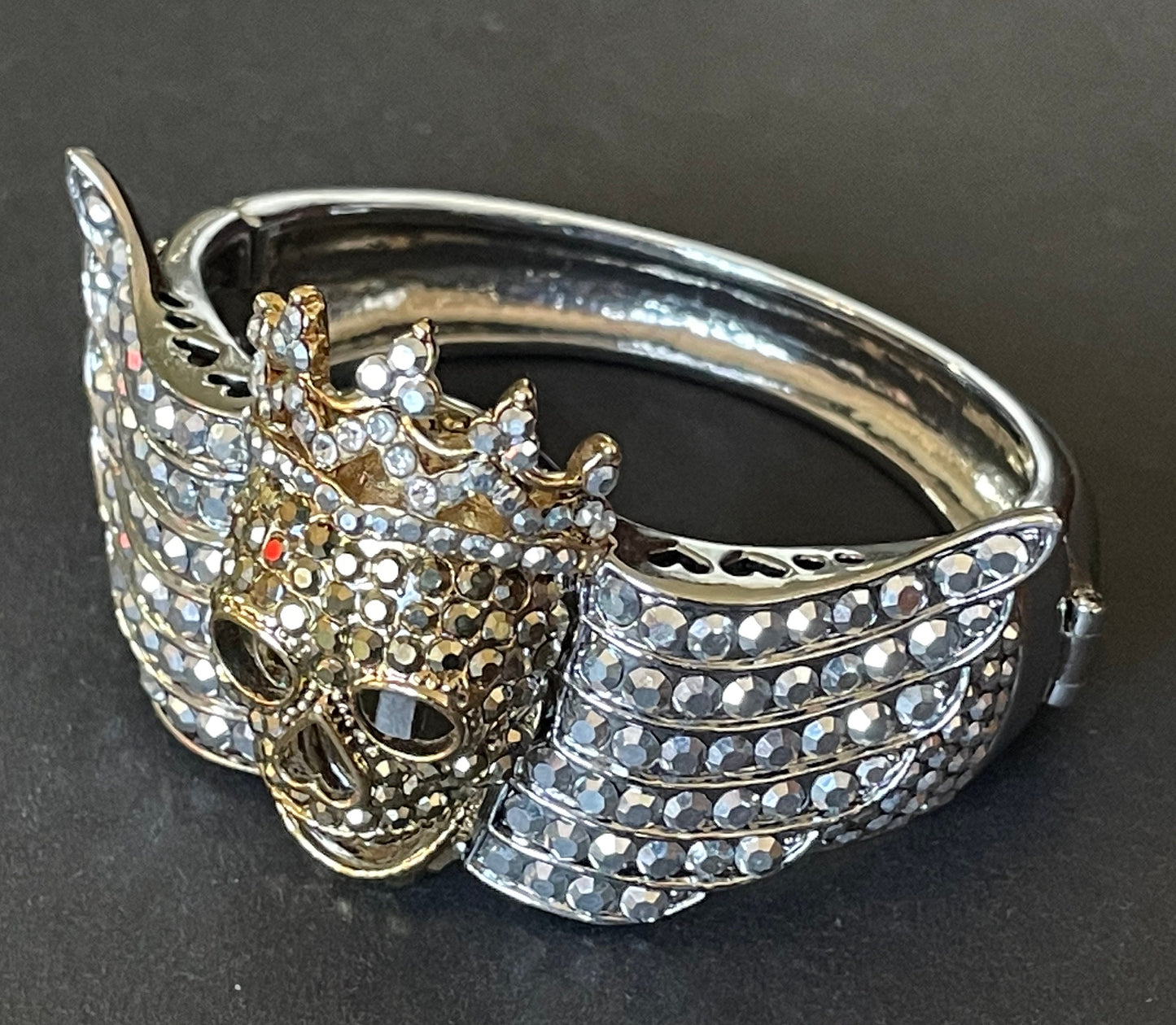 Huge vintage Butler and Wilson (B&W) signed winged skull with crown metallic rhinestone clamper bangle bracelet