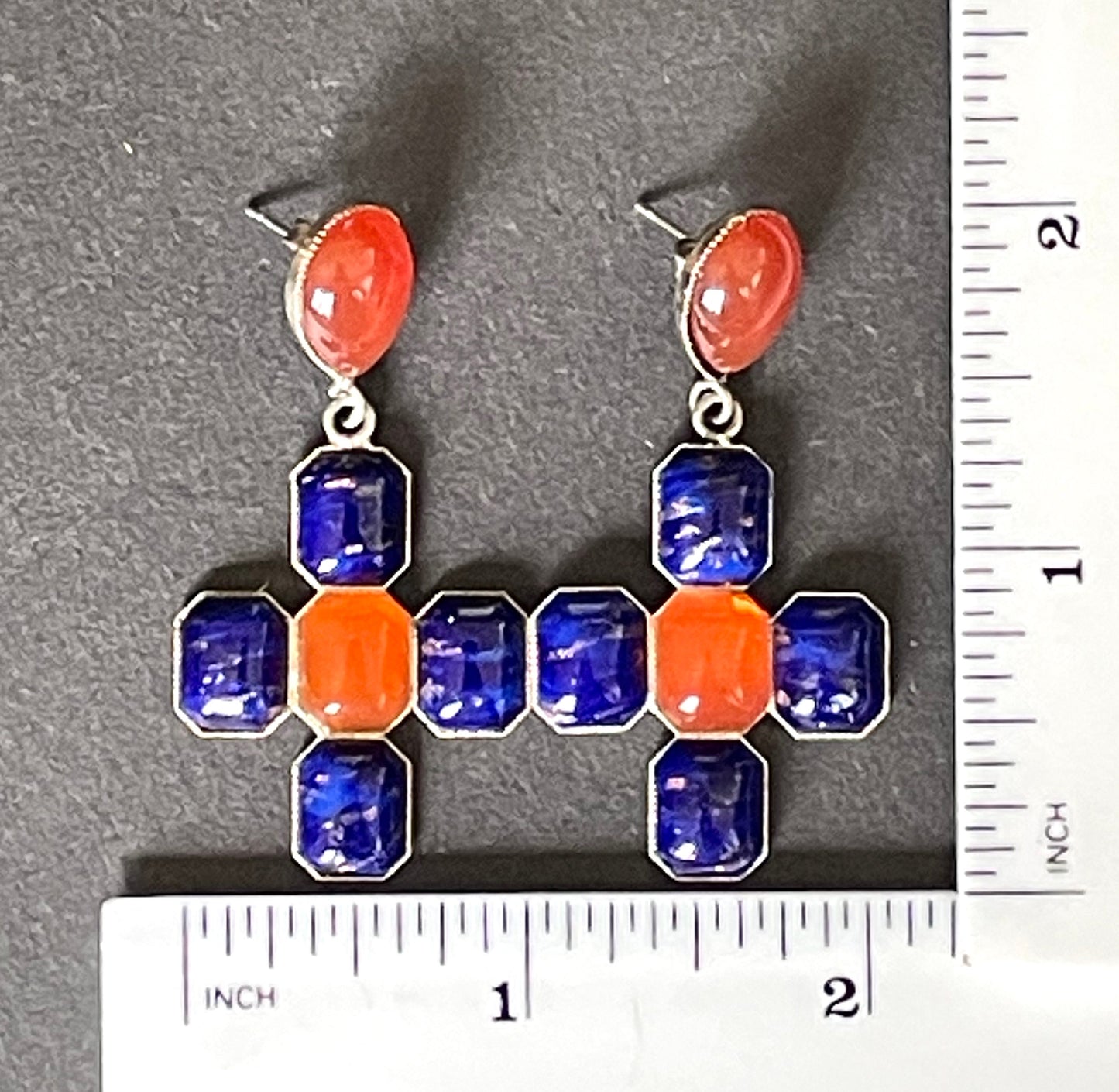 Vintage poured glass cabochon faux lapis lazuli deep blue and faux carnelian orange glass earrings with cross motif in silver tone