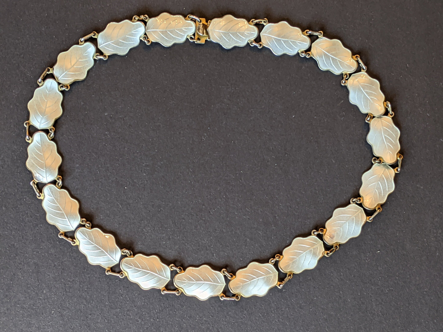 Vintage signed Norwegian John Baalerud sterling silver gilt and white guilloche enamel oak leaf design choker necklace, 1960s, in box