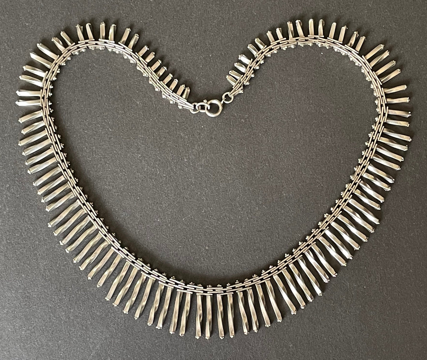 Vintage Jakob Bengel Art Deco machine age chrome mid-length fringe necklace, extremely rare design, beautiful workmanship