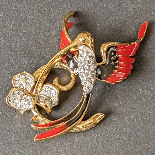 Vintage Attwood and Sawyer hummingbird brooch, gold plated, red and black enamel and rhinestone, signed A&S