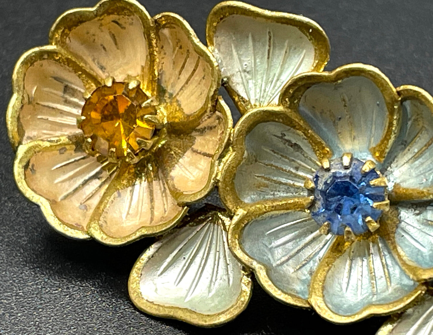 Vintage Neiger Brothers (Max and Norbert) colourful enamel and rhinestone flower brooch - set in antique gold tone