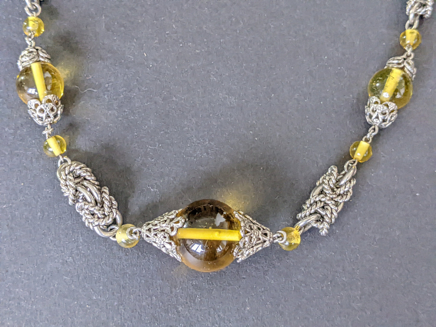 Vintage Art Deco yellow glass and chrome machine age necklace - Jakob Bengel attributed, mint condition, unusual colour