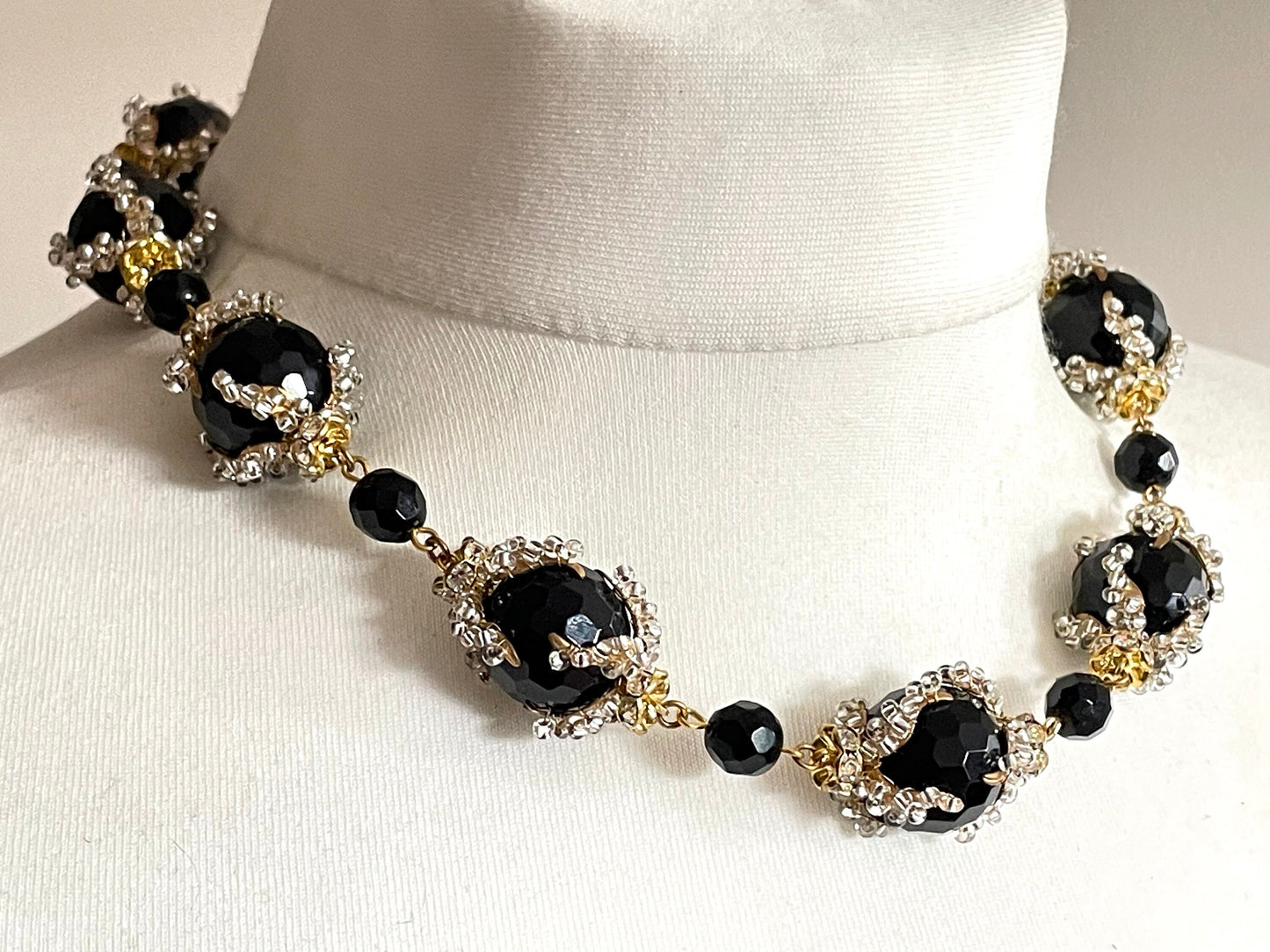 Vintage unsigned Stanley Hagler or Miriam Haskell heavy black French jet and micro bead chunky necklace, intricately beaded bead caps