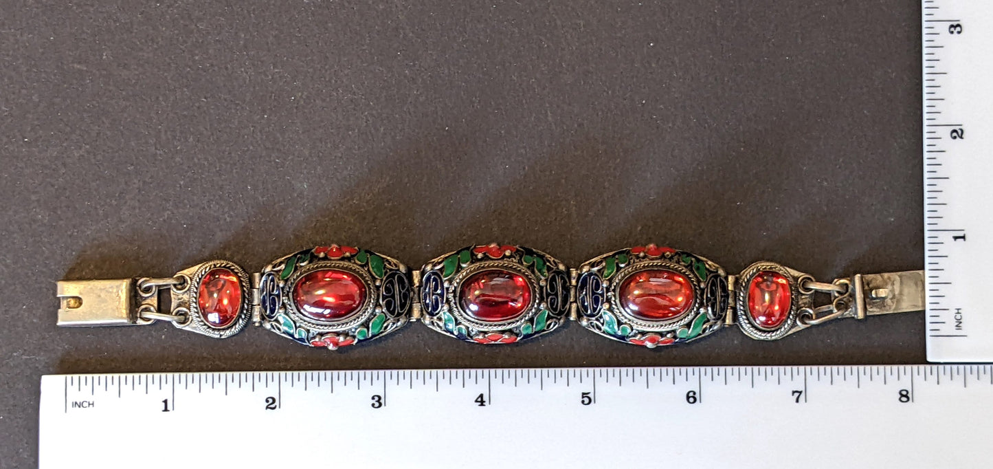 Vintage / antique huge ruby red cabochon, red, green & blue enamel filigree silver bracelet, Chinese export 'Peking style bracelet'