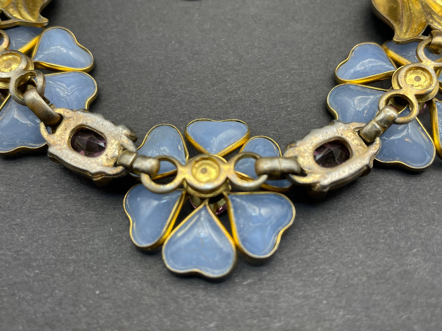 Rare vintage possibly Crown Trifari Alfred Philippe pale blue poured glass & pink rhinestone gold tone floral choker necklace, unsigned