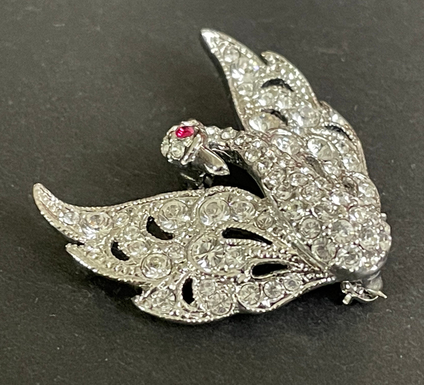 Vintage Attwood and Sawyer (A&S) signed swan brooch - shiny silver tone, clear and red rhinestones