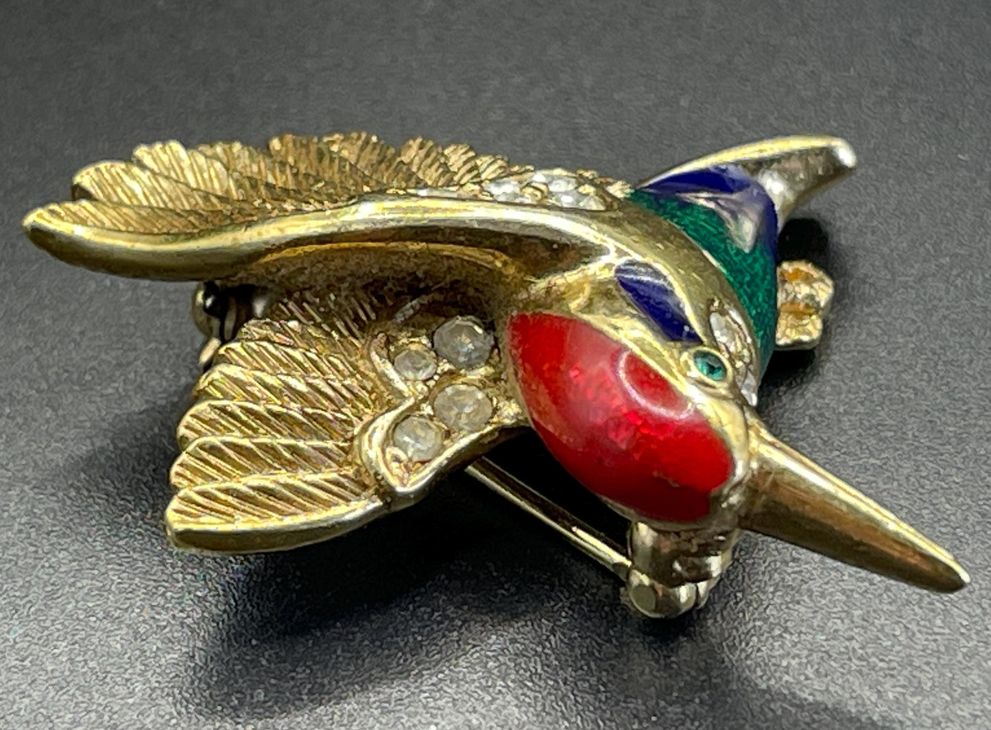 Vintage signed Attwood and Sawyer A&S 22ct gold plated, blue, red and green enamel and rhinestone petite bird kingfisher brooch