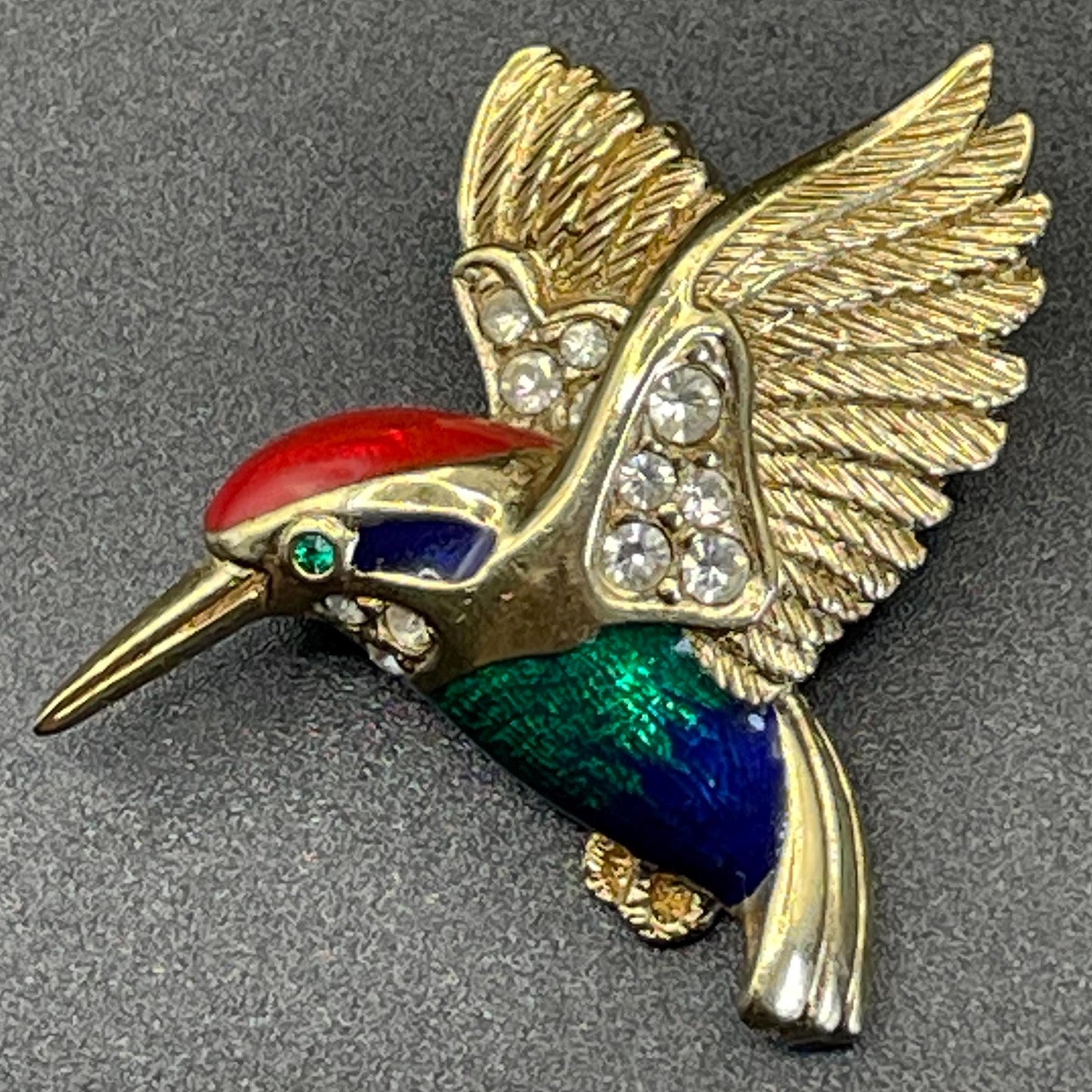 Vintage signed Attwood and Sawyer A&S 22ct gold plated, blue, red and green enamel and rhinestone petite bird kingfisher brooch