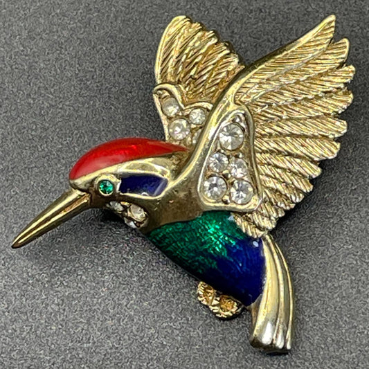 Vintage signed Attwood and Sawyer A&S 22ct gold plated, blue, red and green enamel and rhinestone petite bird kingfisher brooch