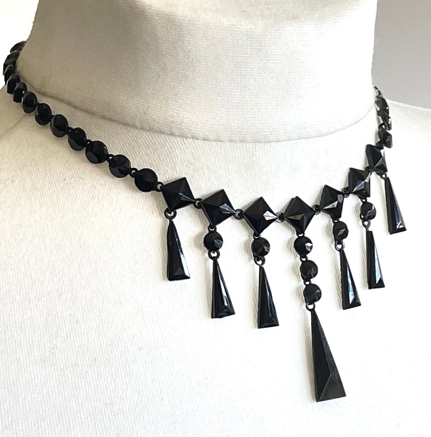 Antique French jet fringe necklace - Victorian Vauxhall glass, black faceted glass jet stones