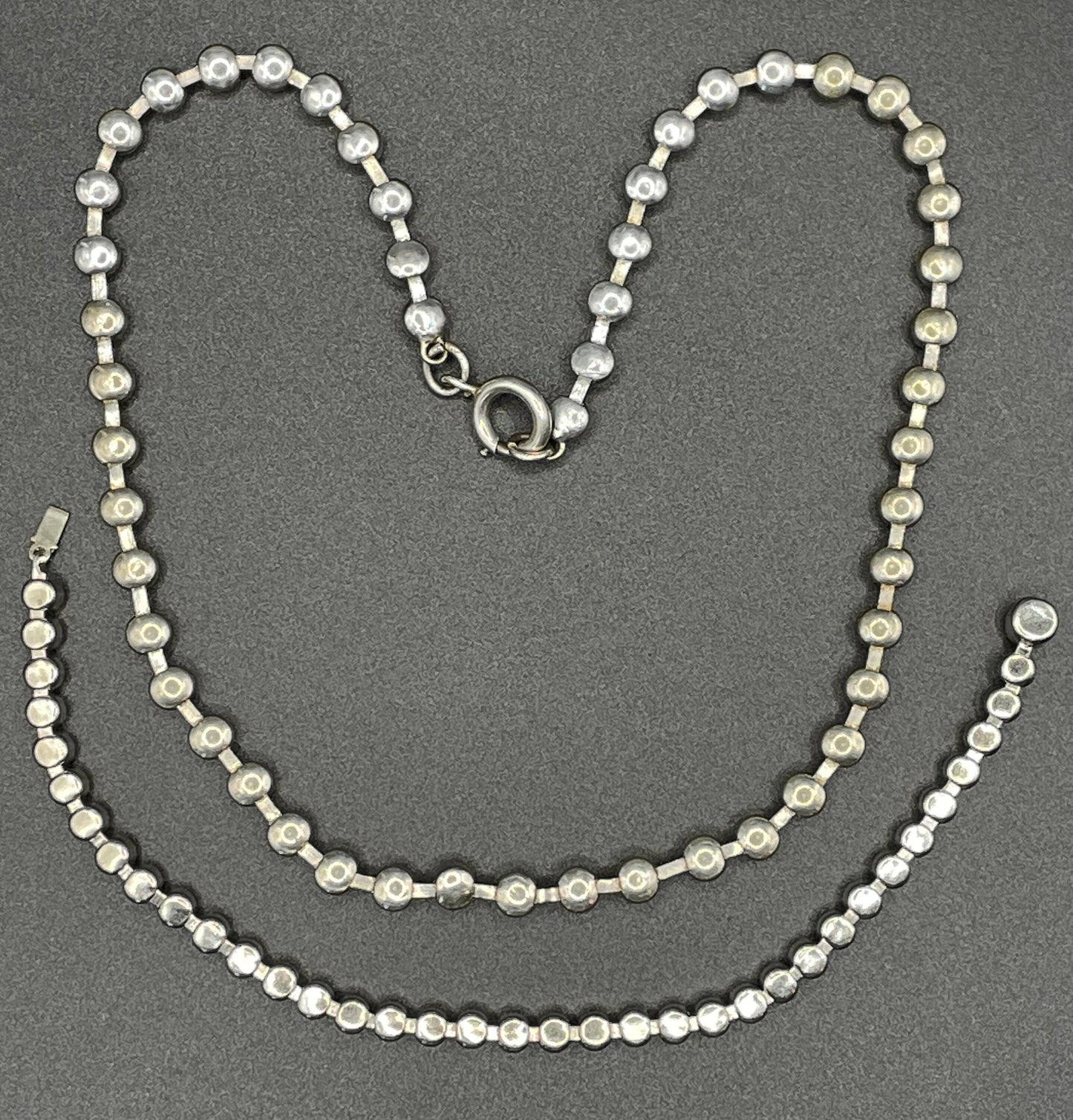 Vintage 1930s Art Deco collet set paste rhinestone and silver tone tennis / cocktail riviere choker necklace and bracelet set